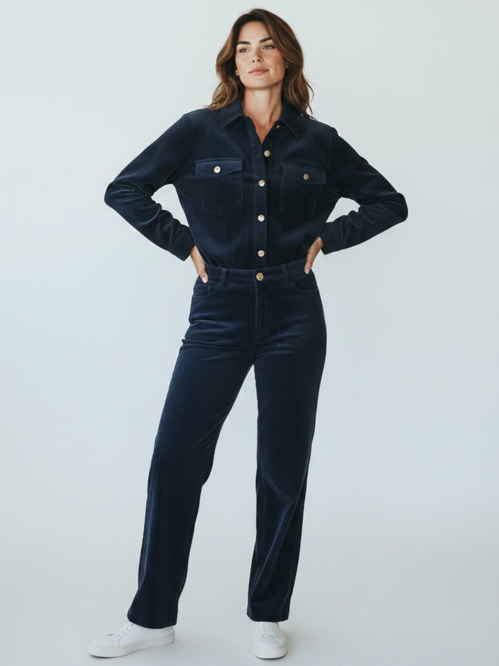 Women's Navy Corduroy Button-Front Jacket and Pant SET NWT